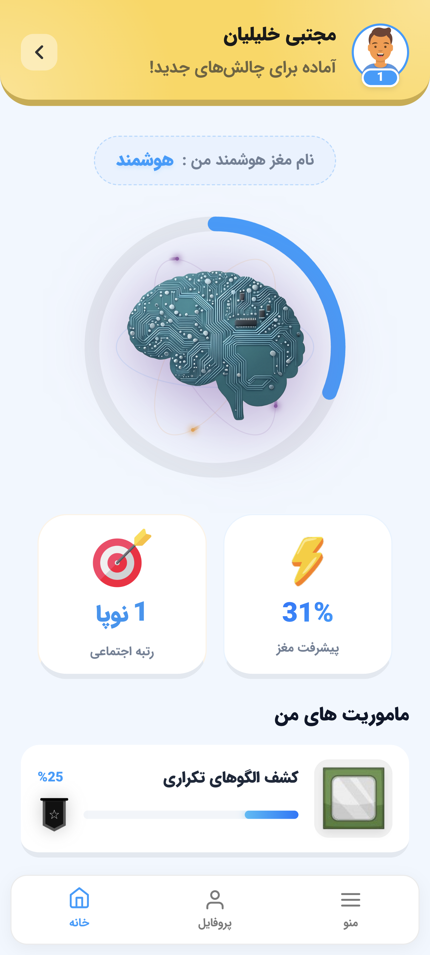 صفحه رتبه اجتماعی و پیشرفت مغز هوشمند در اپلیکیشن میکروچیپ